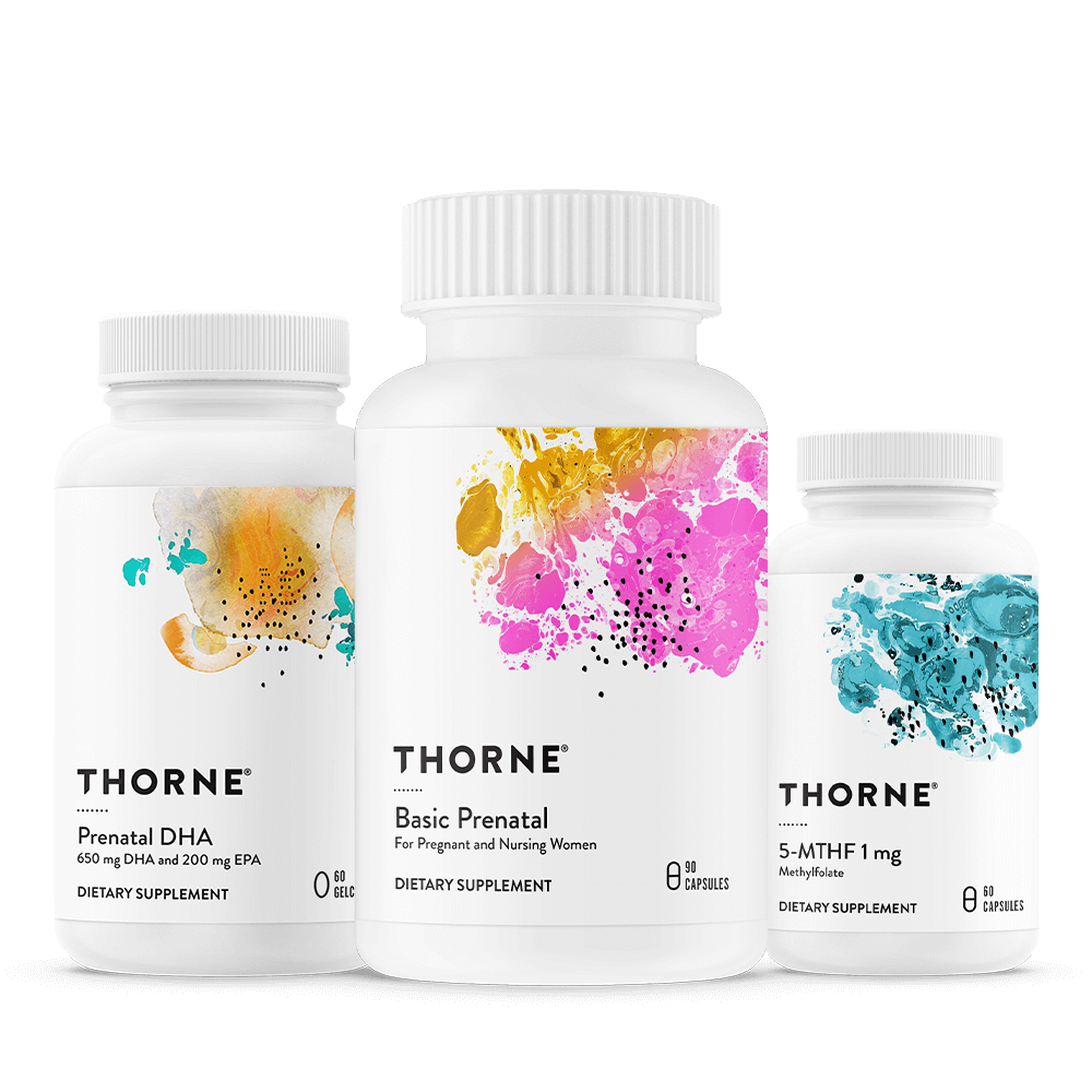 Thorne’s Fertility Bundle contains Basic Prenatal, Prenatal DHA, and 5-MTHF (1 mg) to promote fertility in women.