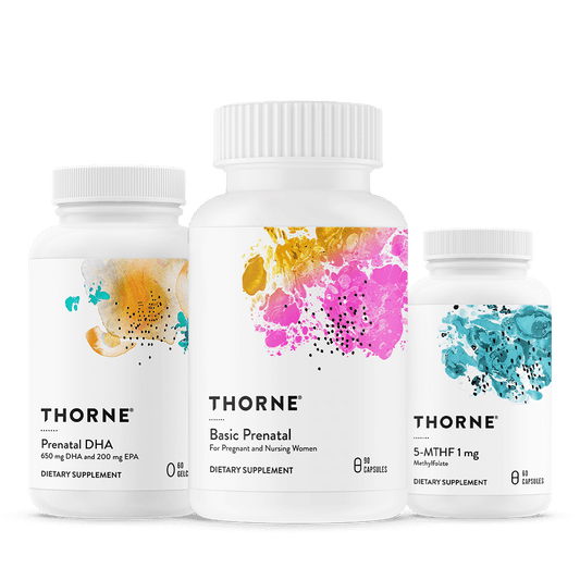 Thorne’s Fertility Bundle contains Basic Prenatal, Prenatal DHA, and 5-MTHF (1 mg) to promote fertility in women.