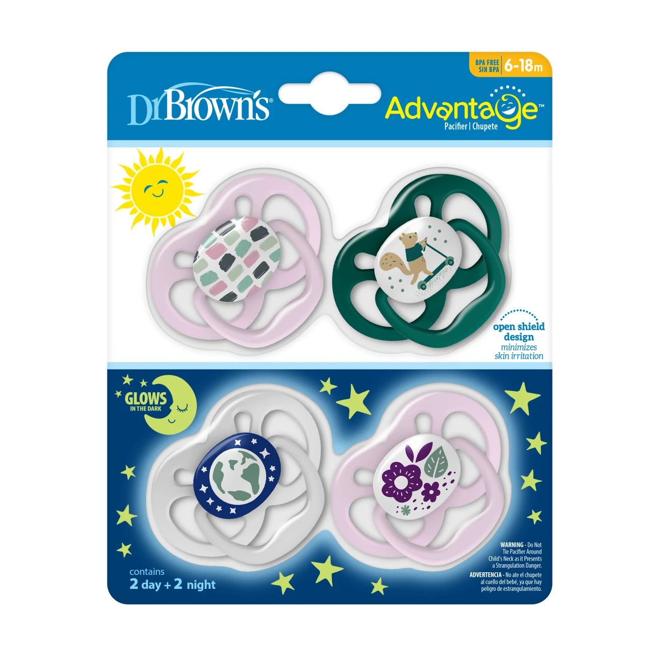 Advantage Glow-in-the-Dark Baby Pacifier, Stage 2, Fully Symmetrical Soother with Soft Silicone Bulb