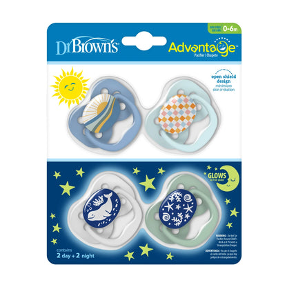 Advantage Glow-in-the-Dark Baby Pacifier, Stage 1, Fully Symmetrical Soother with Soft Silicone Bulb