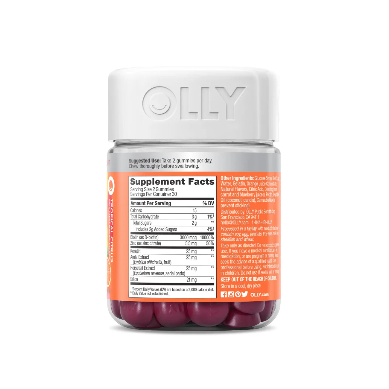 A blend of Keratin, Biotin, Zinc, and Amla in OLLY Biotin Supplement supports hair growth and scalp health naturally.