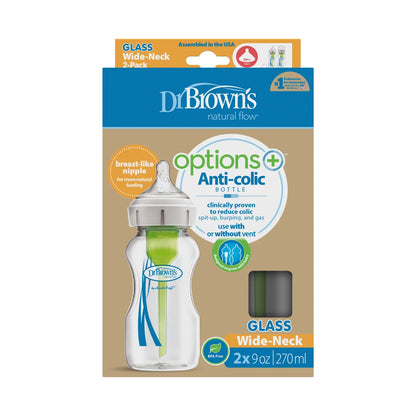 Natural Flow Anti-Colic Options+ Wide-Neck Glass Baby Bottle - Level 1 Slow Flow Nipple