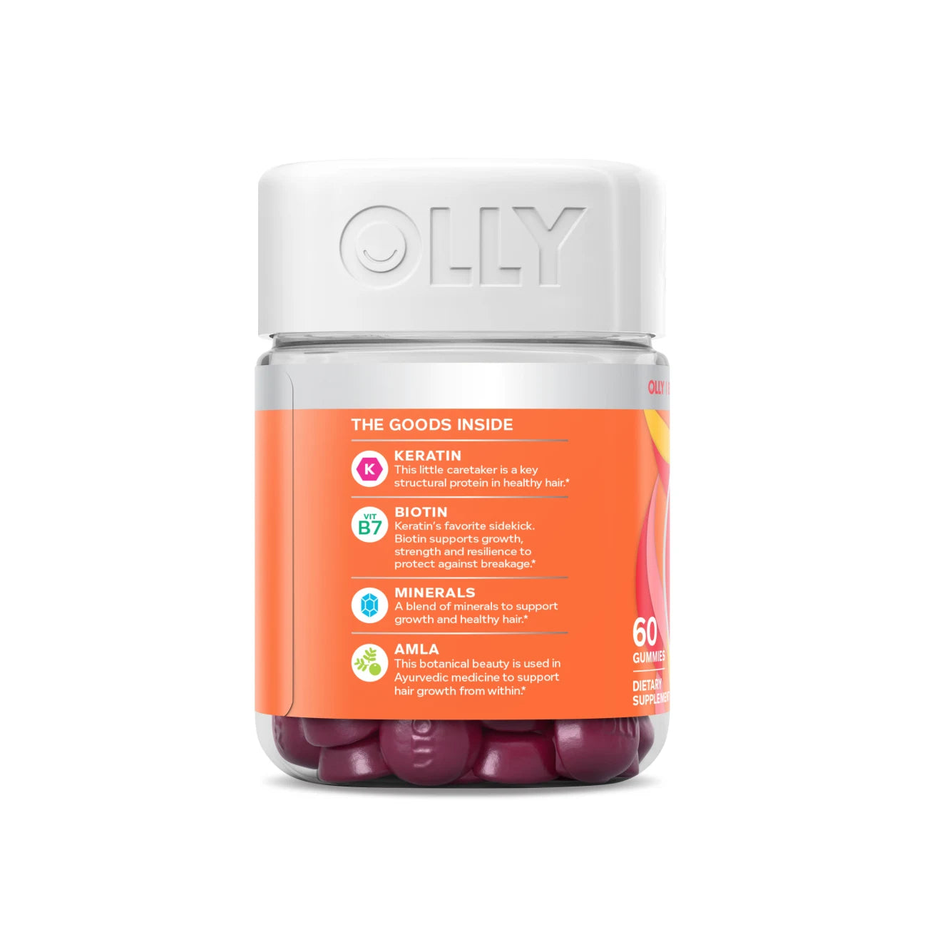 Key ingredients: Keratin, Biotin, Zinc, and Amla in OLLY Biotin Supplement for Hair Growth.