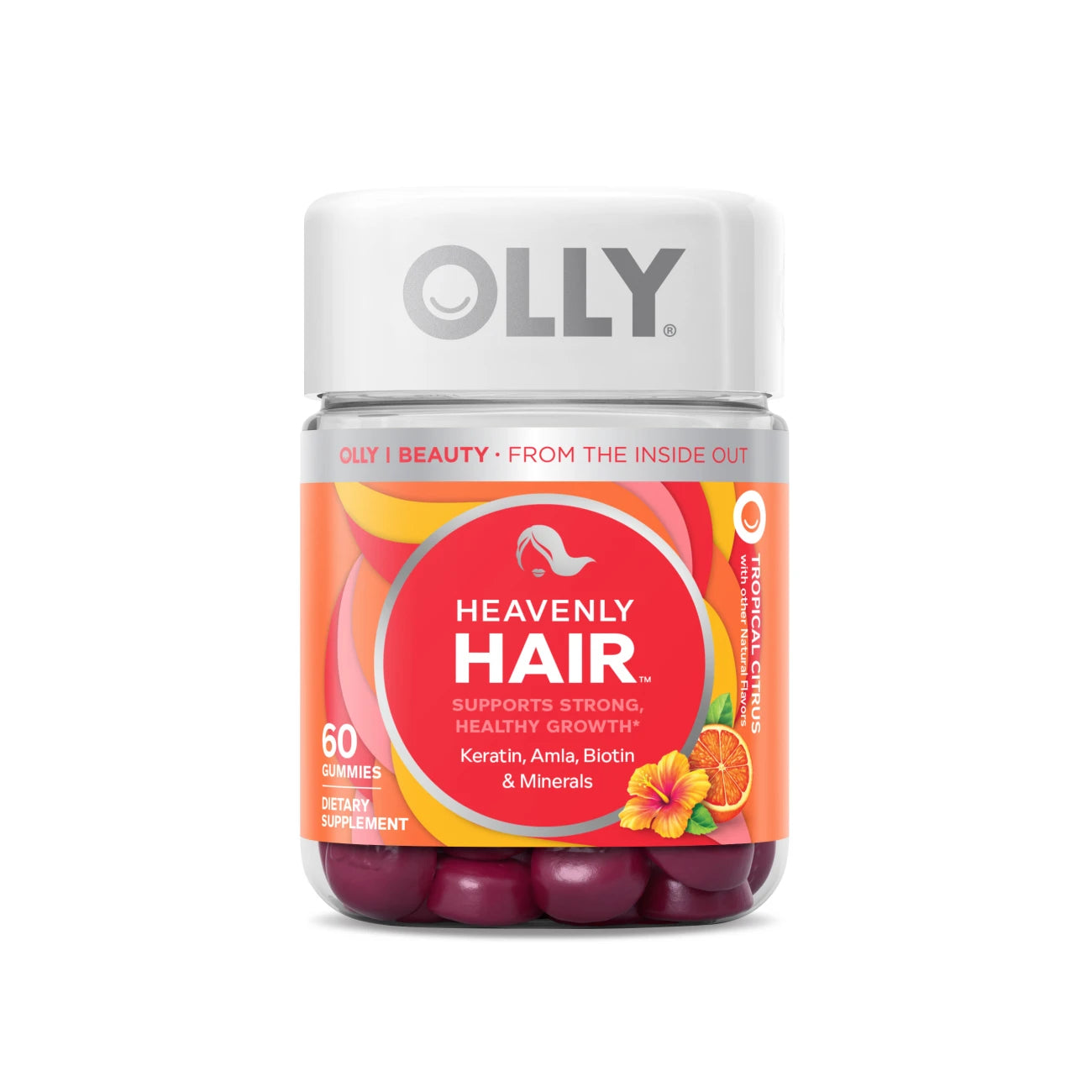 OLLY Biotin Supplement for Hair Growth gummies with Keratin, Biotin, and Zinc in tropical citrus flavor.